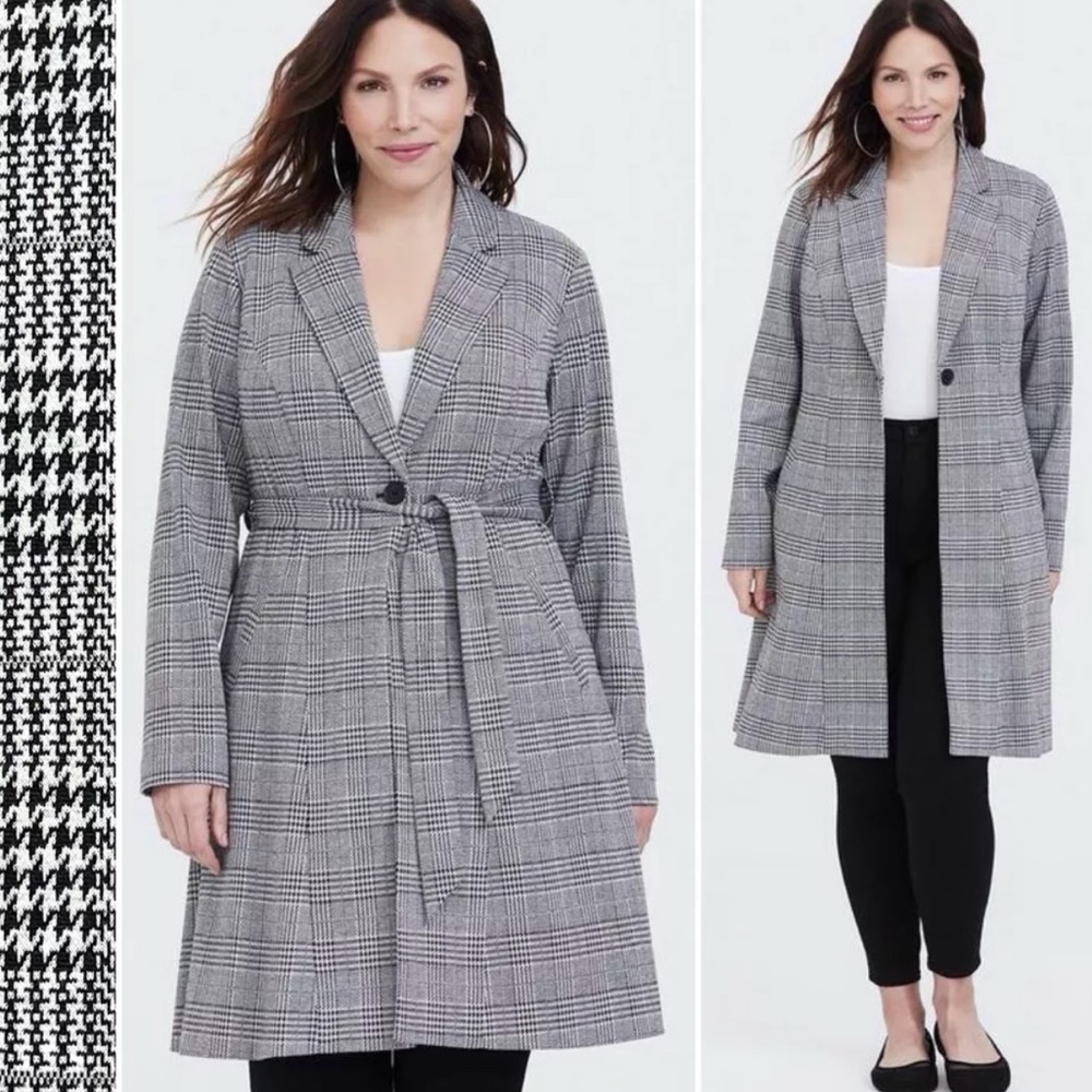 NWT Torrid Longline Power plaid houndstooth belted coat / blazer 2X 18-20